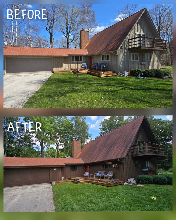 Full exterior: weathered cedar A-frame repainted a rich brown