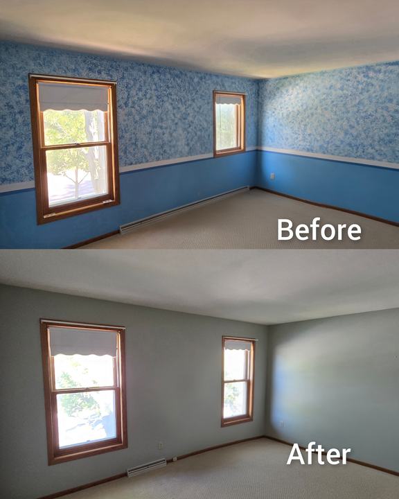 Dated sponge-paint bedroom refreshed with a clean, modern gray